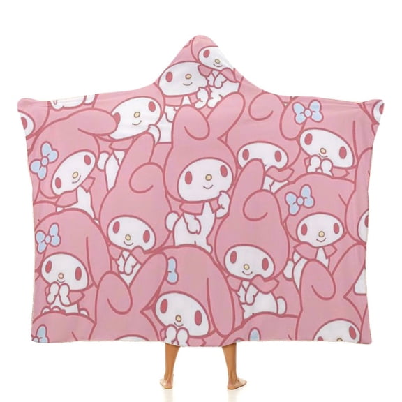 Kuromi And My Melody Hooded Blanket Poncho, Wearable Hooded Blanket Cozy Soft Warm Plush Fleece Blanket for Adult Women Men
