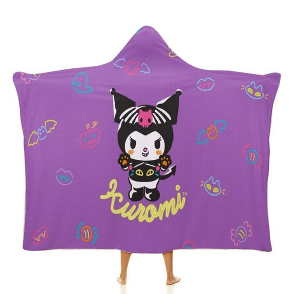 Kuromi And My Melody Hooded Blanket Poncho, Wearable Hooded Blanket Cozy Soft Warm Plush Fleece Blanket for Adult Women Men