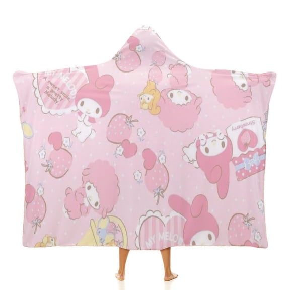 Kuromi And My Melody Hooded Blanket Poncho, Wearable Hooded Blanket Cozy Soft Warm Plush Fleece Blanket for Adult Women Men