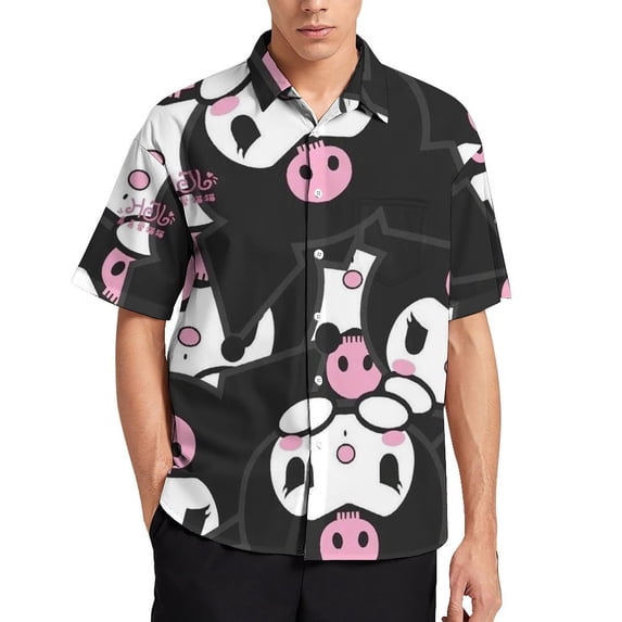 Kuromi And My Melody Men's Hawaiian Shirts Short Sleeve Button Down Casual Shirts Summer Tropical Aloha Beach Shirts