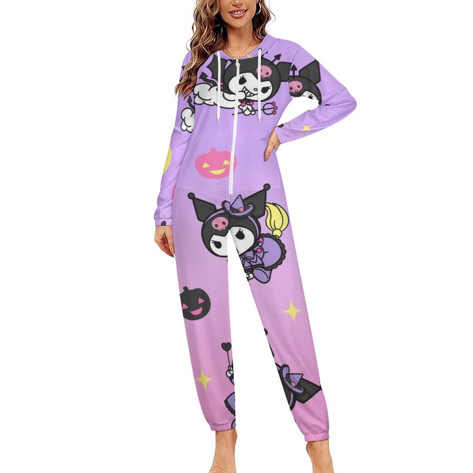 Kuromi And My Melody Unisex Onesie Pajamas Zipper Jumpsuit Hooded One ...