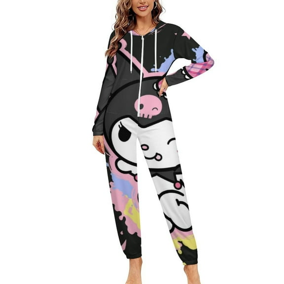 Kuromi And My Melody Unisex Onesie Pajamas Zipper Jumpsuit Hooded One Piece Sleepwear for Family Mens Womens