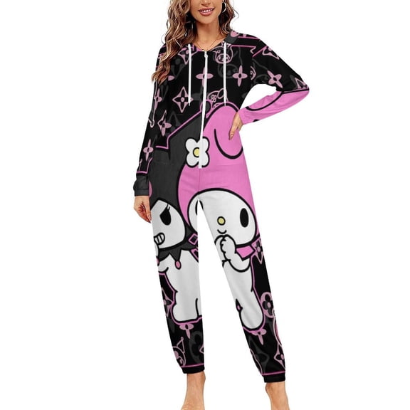 Kuromi And My Melody Unisex Onesie Pajamas Zipper Jumpsuit Hooded One Piece Sleepwear for Family Mens Womens