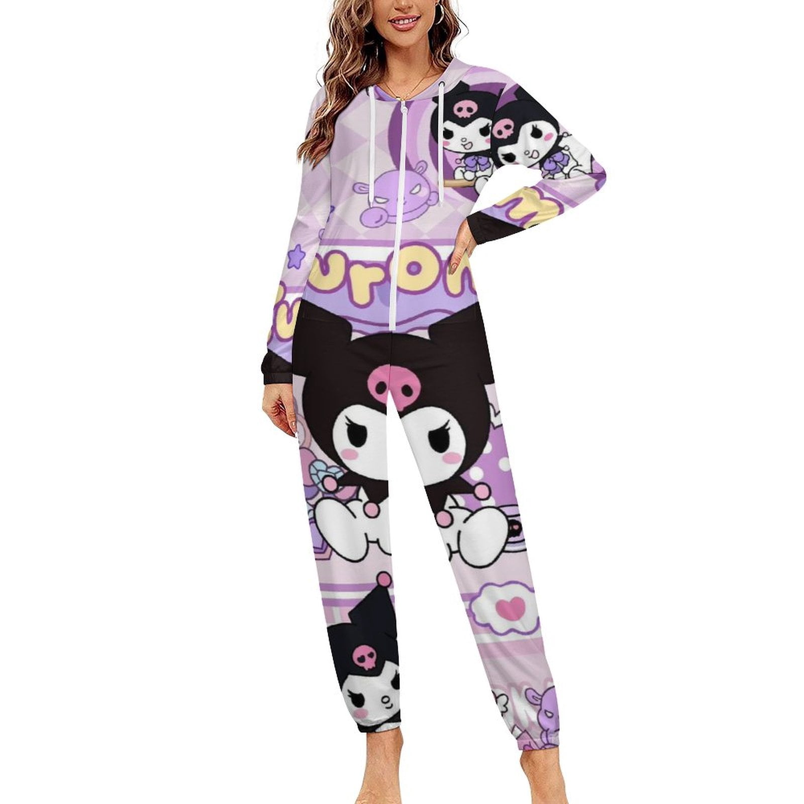 Kuromi And My Melody Unisex Onesie Pajamas Zipper Jumpsuit Hooded One ...