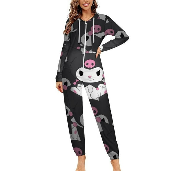 Kuromi And My Melody Unisex Onesie Pajamas Zipper Jumpsuit Hooded One Piece Sleepwear for Family Mens Womens