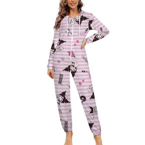 Kuromi And My Melody Unisex Onesie Pajamas Zipper Jumpsuit Hooded One Piece Sleepwear for Family Mens Womens