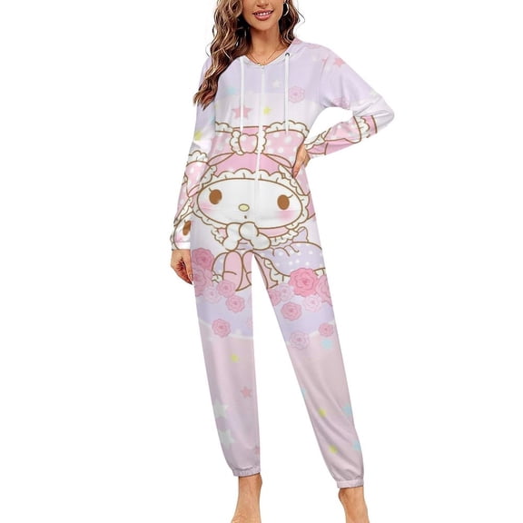Kuromi And My Melody Unisex Onesie Pajamas Zipper Jumpsuit Hooded One Piece Sleepwear for Family Mens Womens