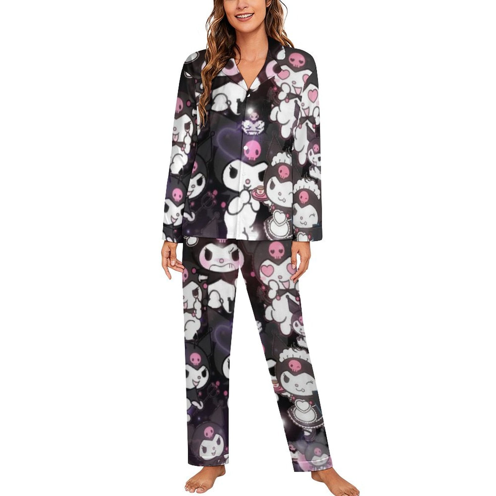 Kuromi And My Melody Women Pajamas Set Long Sleeve Sleepwear Button ...