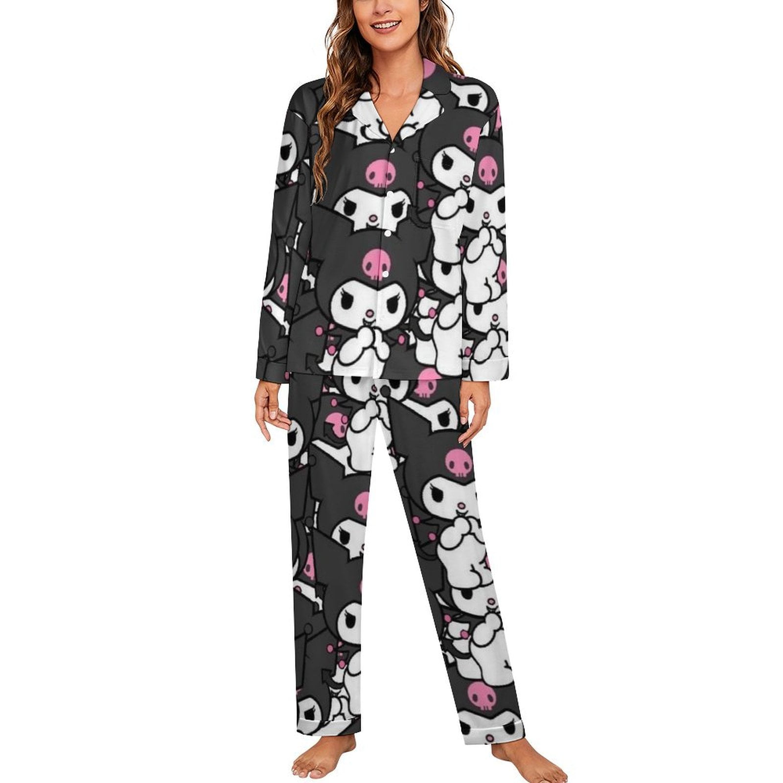 Kuromi And My Melody Women Pajamas Set Long Sleeve Sleepwear Button ...