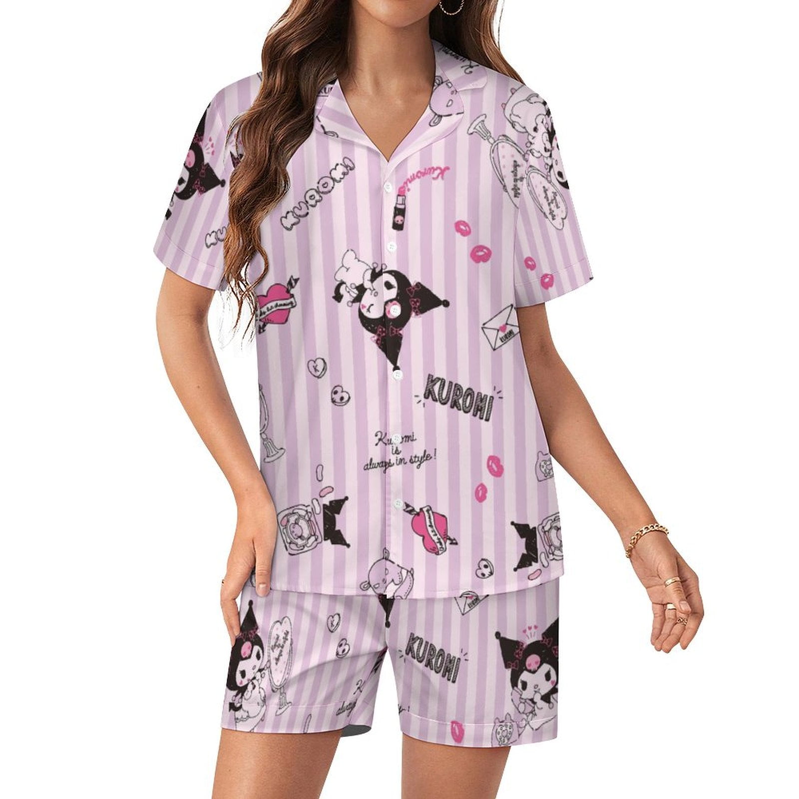 Kuromi And My Melody Women Pajamas Set Short Sleeve Sleepwear Button ...