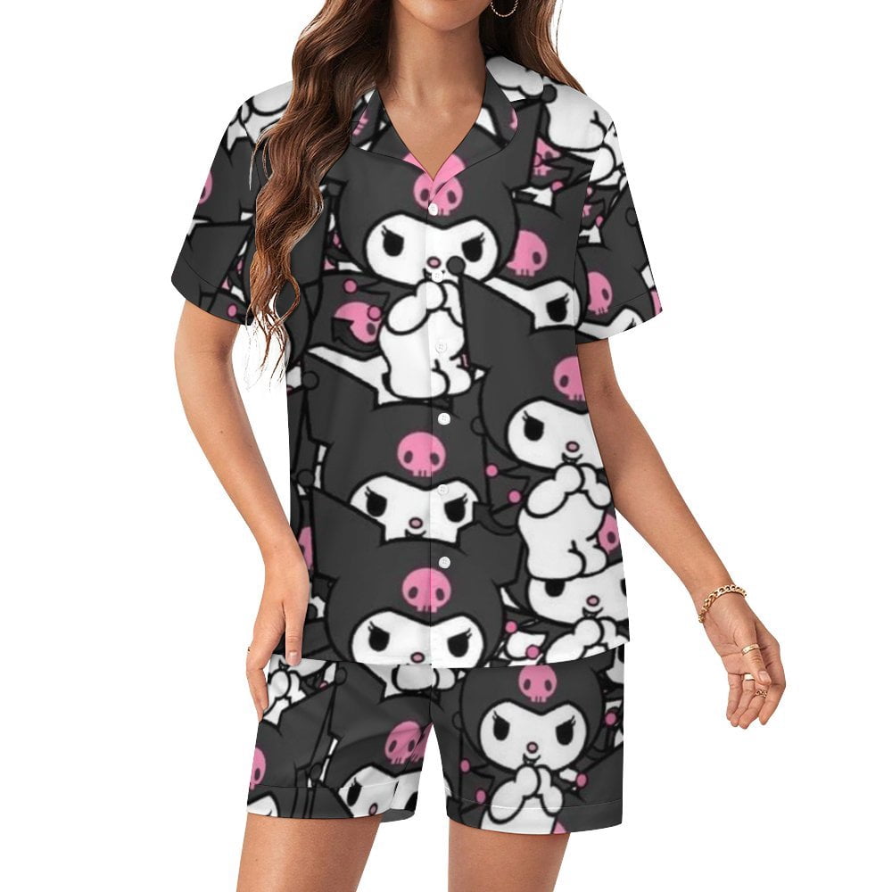 Kuromi And My Melody Women Pajamas Set Short Sleeve Sleepwear Button ...