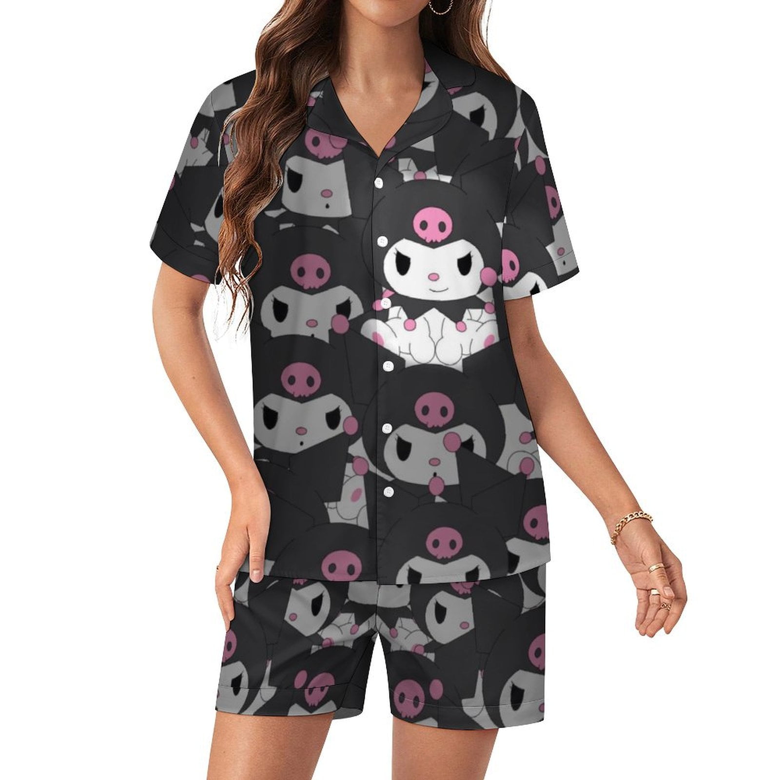 Kuromi And My Melody Women Pajamas Set Short Sleeve Sleepwear Button ...
