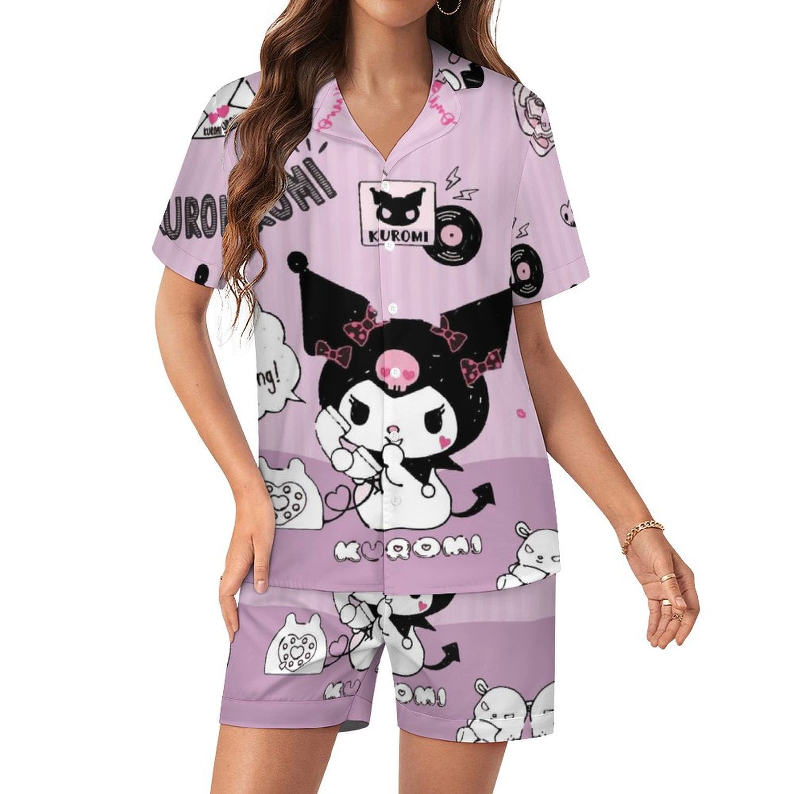 Kuromi And My Melody Women Pajamas Set Short Sleeve Sleepwear Button ...