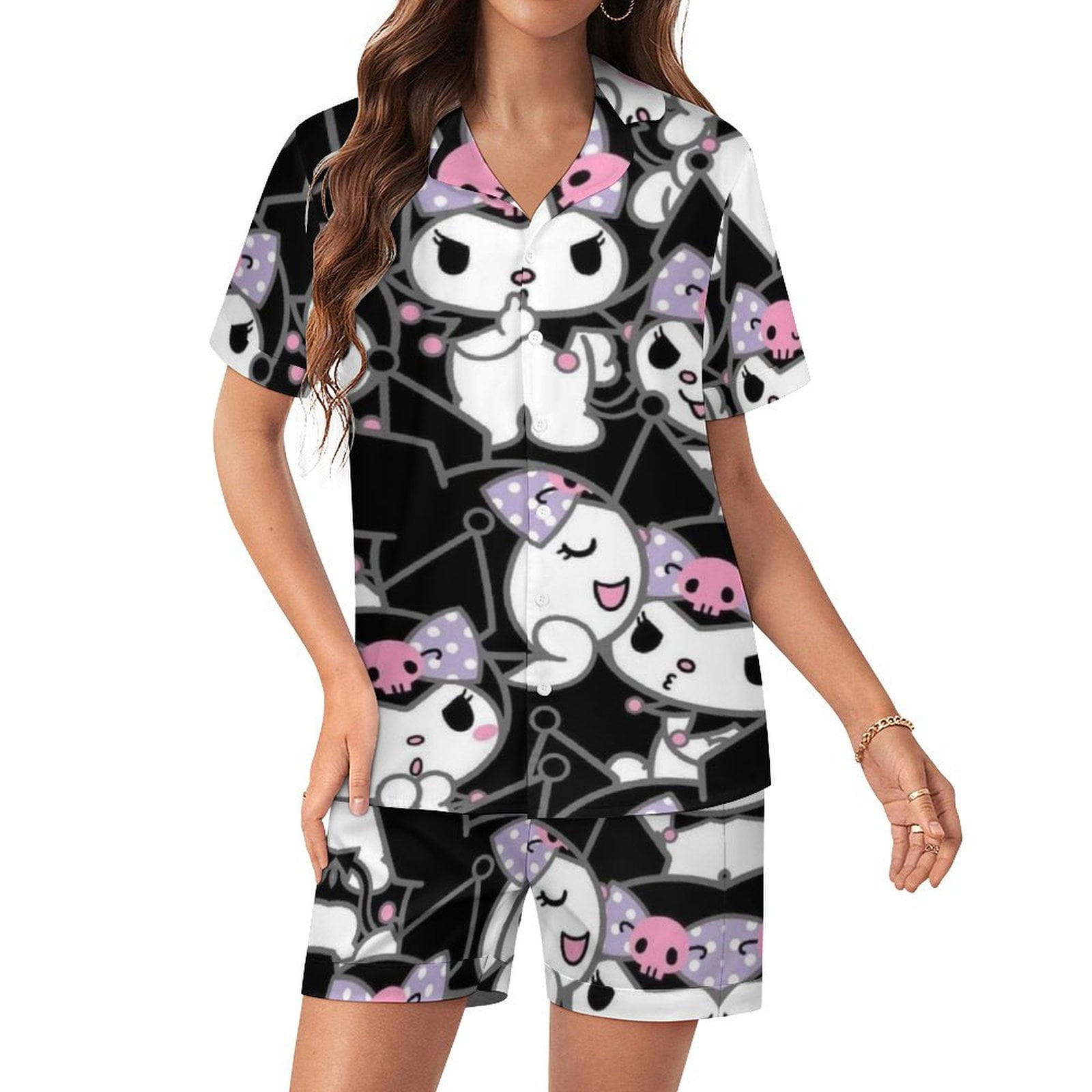 Kuromi And My Melody Women Pajamas Set Short Sleeve Sleepwear Button ...