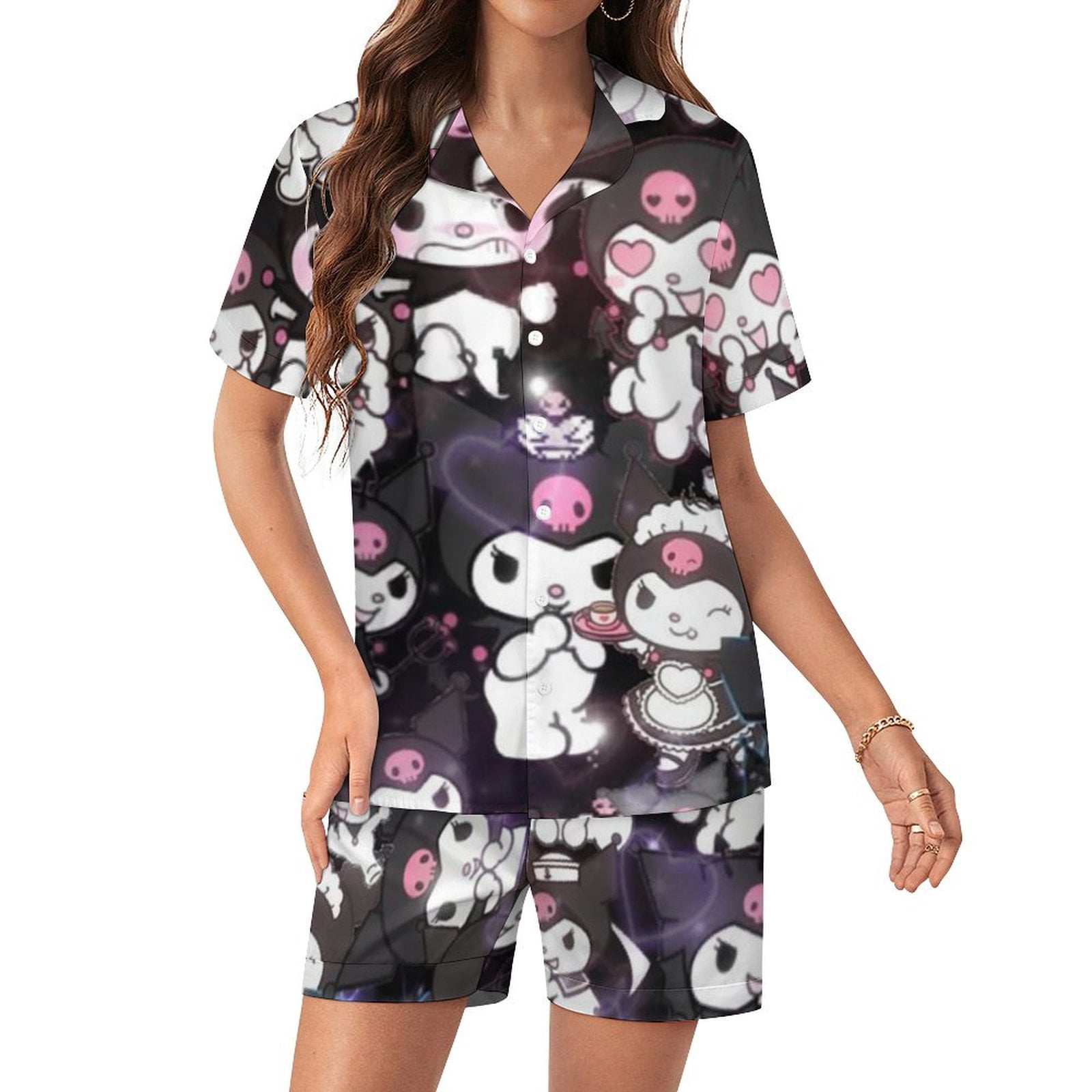Kuromi And My Melody Women Pajamas Set Short Sleeve Sleepwear Button ...