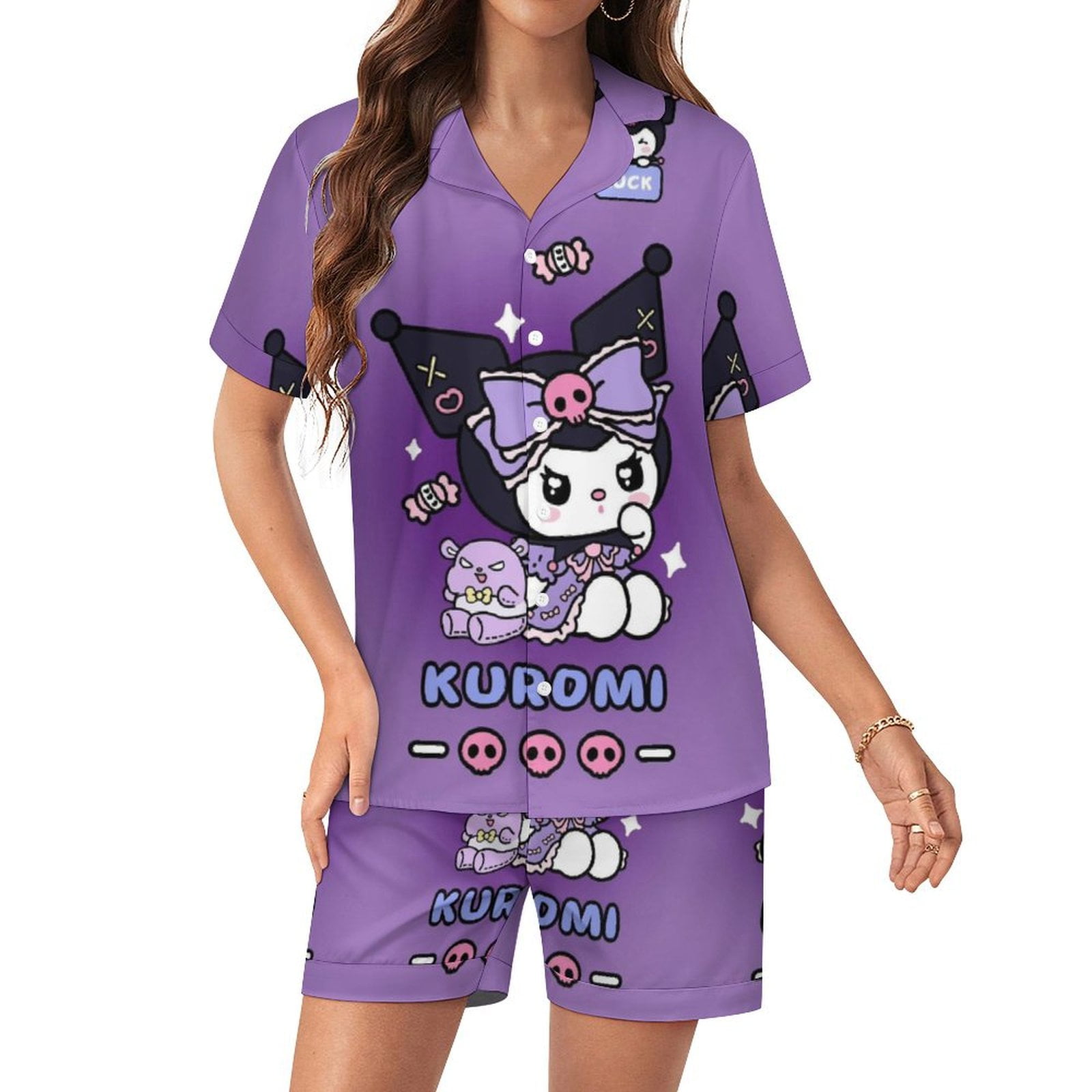 Kuromi And My Melody Women Pajamas Set Short Sleeve Sleepwear Button ...