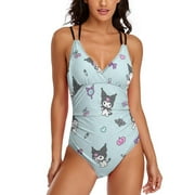 Kuromi And My Melody Women's One Piece Swimsuit Tummy Control V Neck Bathing Suits