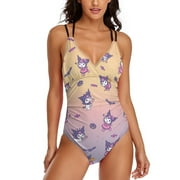 Kuromi And My Melody Women's One Piece Swimsuit Tummy Control V Neck Bathing Suits