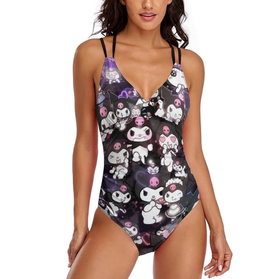 Kuromi And My Melody Women's One Piece Swimsuit Tummy Control V Neck Bathing Suits