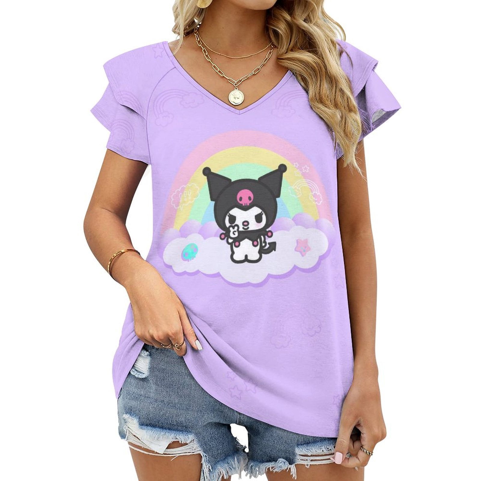 T&Twenties Women's Summer Top - Ruffle Short Sleeve V-Neck Loose Fit Tunic (Large, Pink)