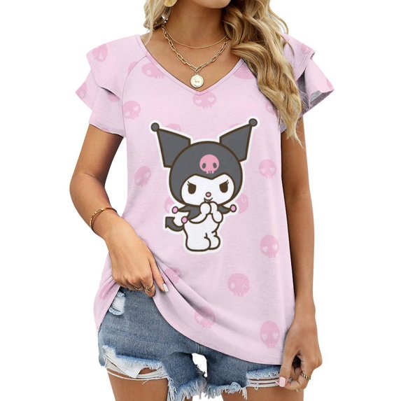 Kuromi And My Melody Womens Summer Tops Ruffle Short Sleeve Tunic Tops V Neck Loose Fit Flowy T-Shirts