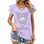 Kuromi And My Melody Womens Summer Tops Ruffle Short Sleeve Tunic Tops V Neck Loose Fit Flowy T-Shirts