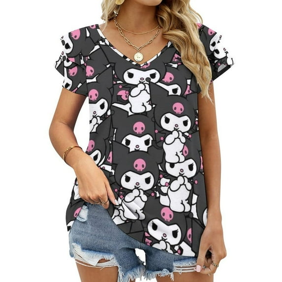 Kuromi And My Melody Womens Summer Tops Ruffle Short Sleeve Tunic Tops V Neck Loose Fit Flowy T-Shirts