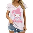 thumbnail image 1 of Kuromi And My Melody Womens Summer Tops Ruffle Short Sleeve Tunic Tops V Neck Loose Fit Flowy T-Shirts, 1 of 7