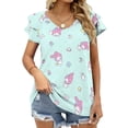 thumbnail image 1 of Kuromi And My Melody Womens Summer Tops Ruffle Short Sleeve Tunic Tops V Neck Loose Fit Flowy T-Shirts, 1 of 7