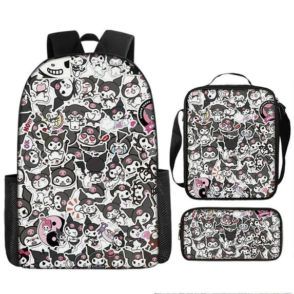 Kuromi Anime Backpack Set 3 Pieces with Lunch Bag and Pencil Case for Women Men, Fashion Daypack, Classic High Backpack for Teens, Travel Laptop Backpacks