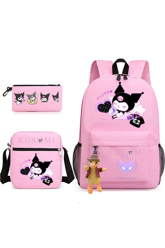 Kuromi Anime Backpack Set 3 Pieces with Shoulder Bag and Pencil Case for Women Men, Fashion Daypack, Classic High Backpack for Teens, Travel Laptop Backpacks