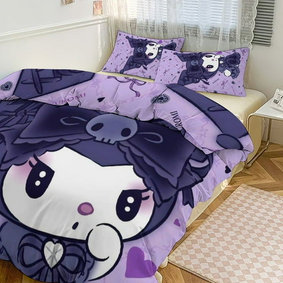 Kuromi Anime Cartoon Sheet Set 3 Piece Bedding Set Cute Christmas Bedroom Decor 79"x90"