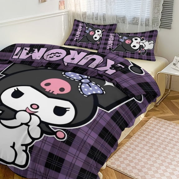 Kuromi Anime Cartoon Sheet Set 3 Piece Bedding Set Cute Christmas Bedroom Decor 86"x70"