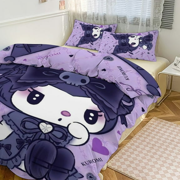 Kuromi Anime Cartoon Sheet Set 3 Piece Bedding Set Cute Christmas Bedroom Decor 86"x70"