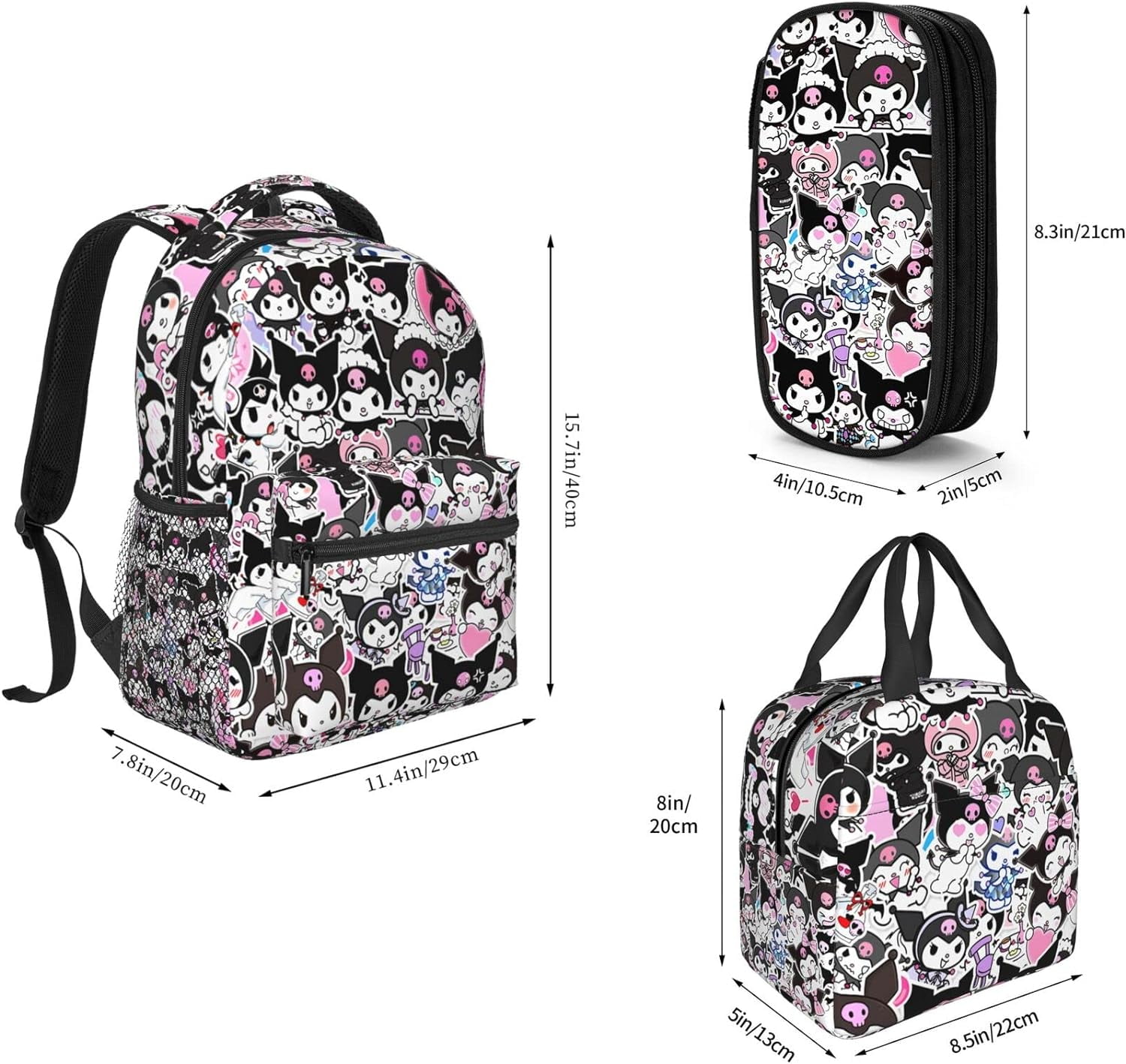 Kuromi Backpack Kawaii Backpack Three Piece kids Backpack Set Front Zipper Pocket Mesh Side Pocket With Insulated Lunch Box Walmart