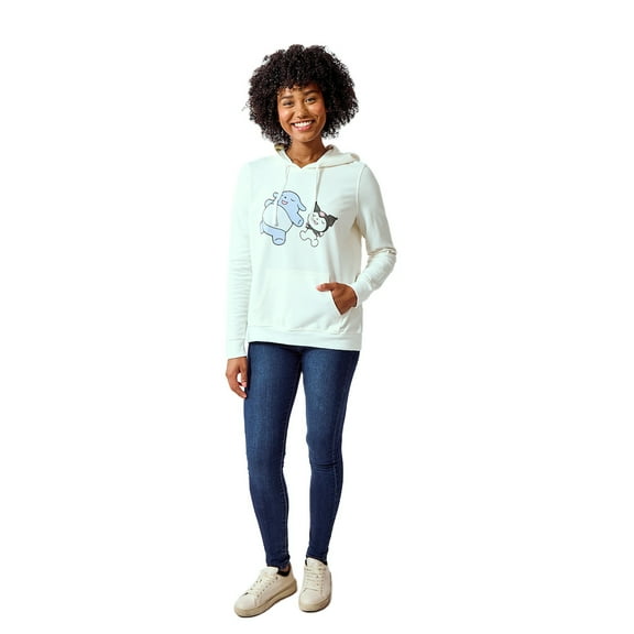 Kuromi & Baku Character Art Women's White Long Sleeve Hooded Sweatshirt-Medium