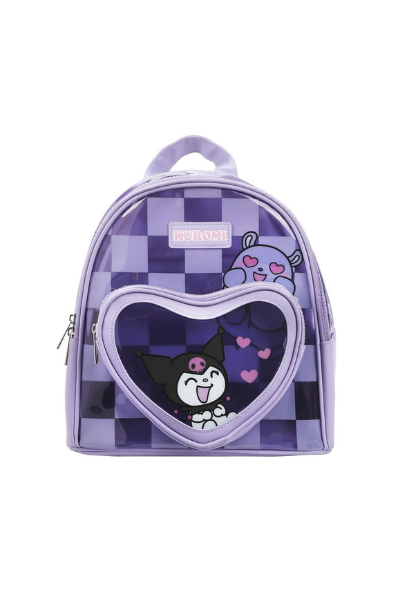 Kuromi & Baku Hearts 10" Purple Checkered Women's Mini Backpack