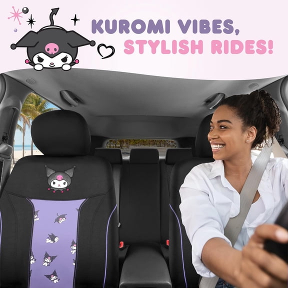 Kuromi Car Seat Covers - Cute Black and Front Seat Covers with 4PC Carpet Car Floor Mats - Universal Fit for Cars, SUVs & Trucks - Black with Kuromi Print & , Pink Accents