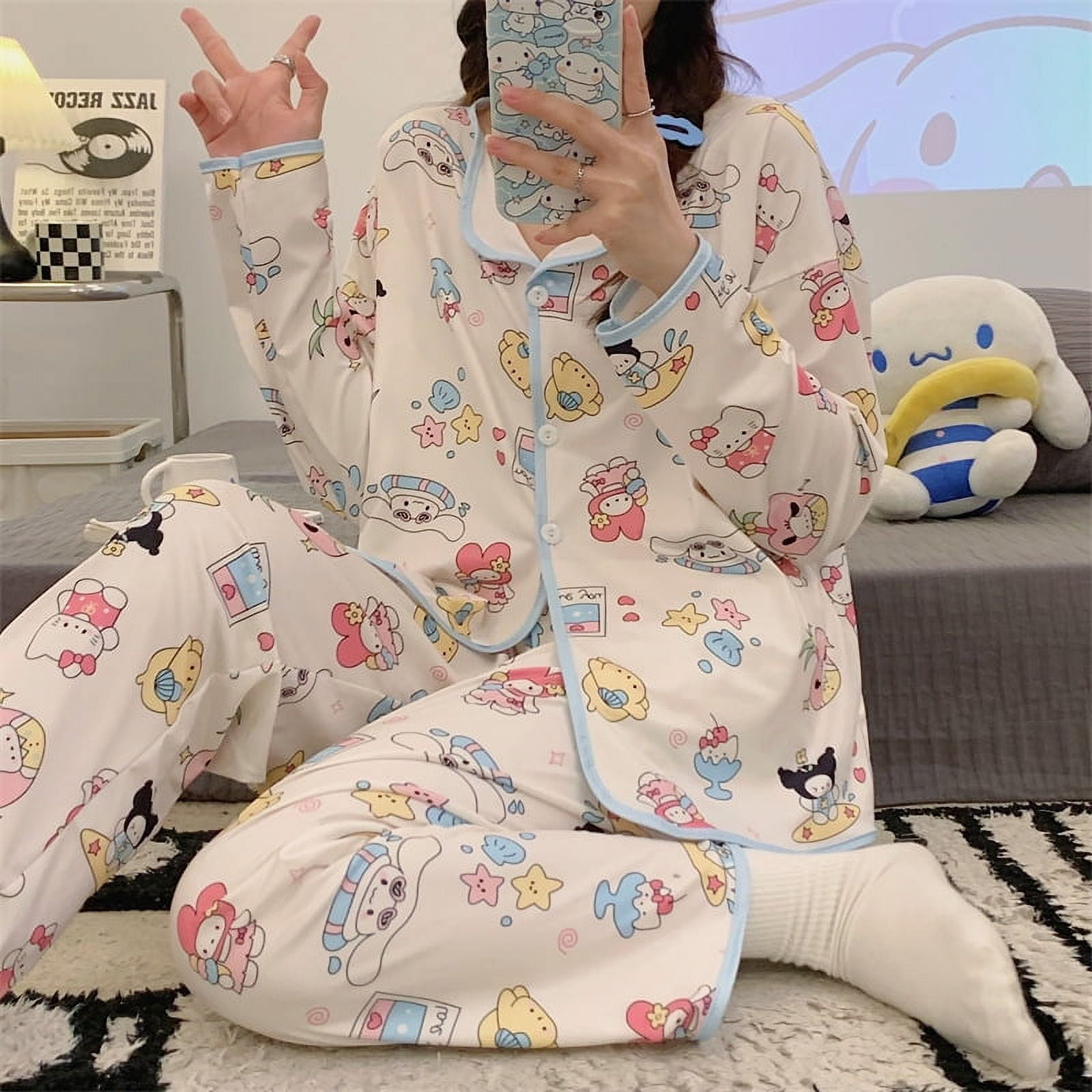 Kuromi Cartoon Pajamas Set Sanrio Women Cinnamoroll Kawaii My Melody ...