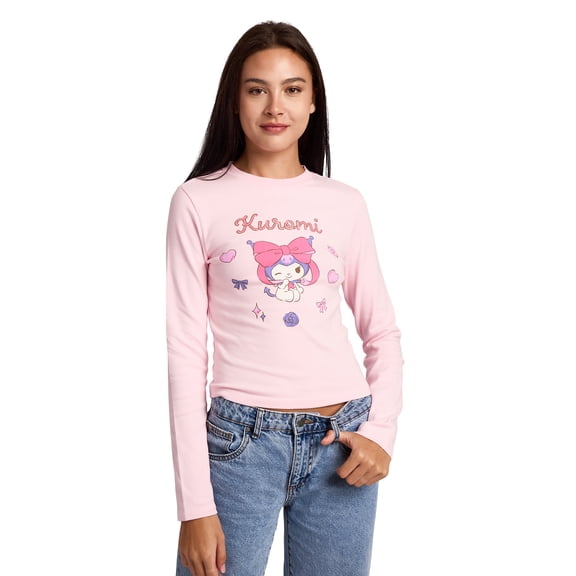 Kuromi Character & Hearts Women's Cradle Pink Long Sleeve Baby Tee-Small