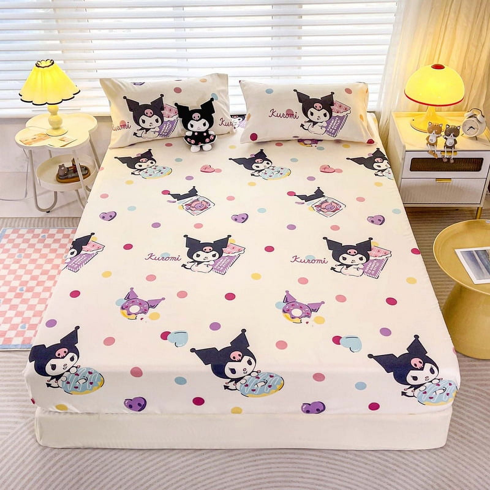 Kuromi Cinnamoroll Cartoon fitted bed sheet 3pcs set(bed hat+2pillow ...