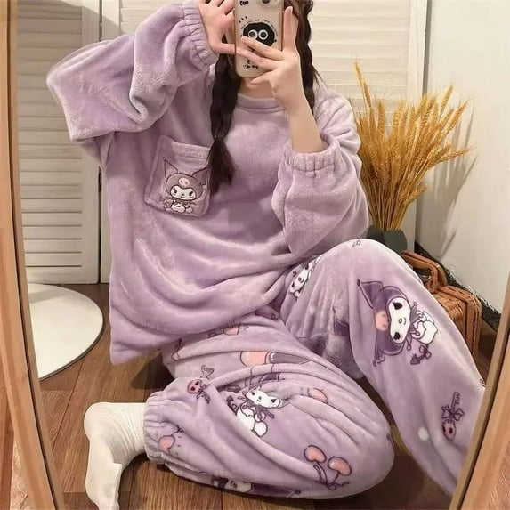 Kuromi Coral Fleece Pajamas My Melody Hello Kitty Cartoon Autumn and Winter Plush Thickened Ins Student Dormitory Homewear Set