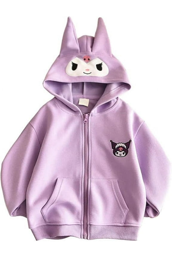 Kuromi Full Zip Hoodie Sweatshirt Cartoon Ears Hooded Zippered Jacket Coat,140