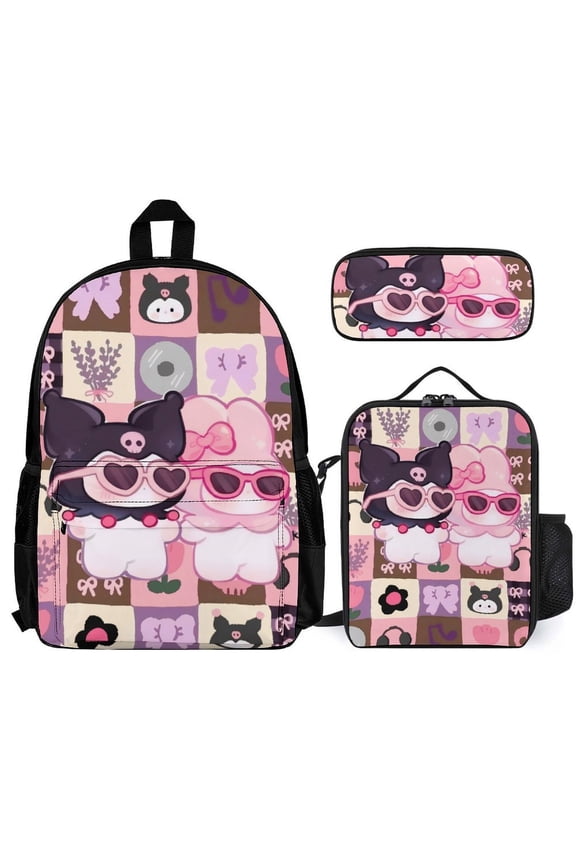 Kuromi Fun cartoon three-piece backpack set: includes backpack lunch box and pencil case One size