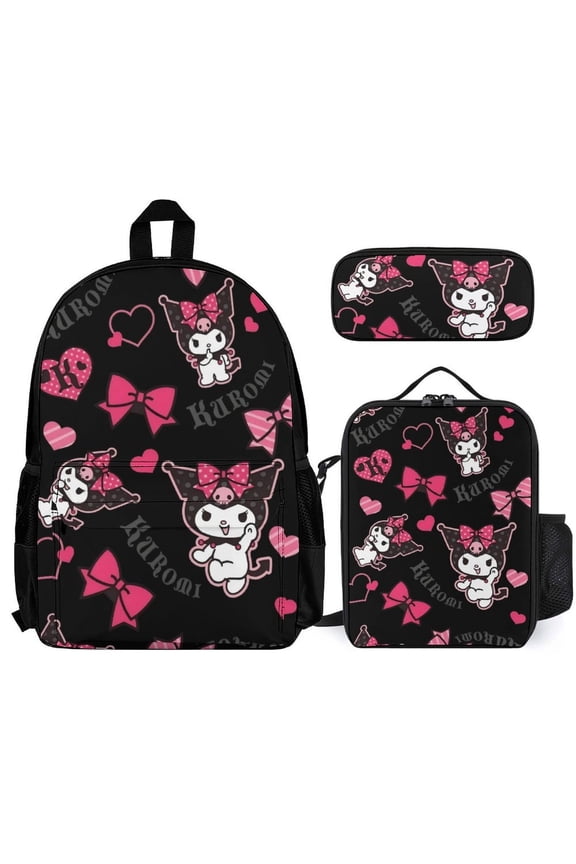 Kuromi Fun cartoon three-piece backpack set: includes backpack lunch box and pencil case One size