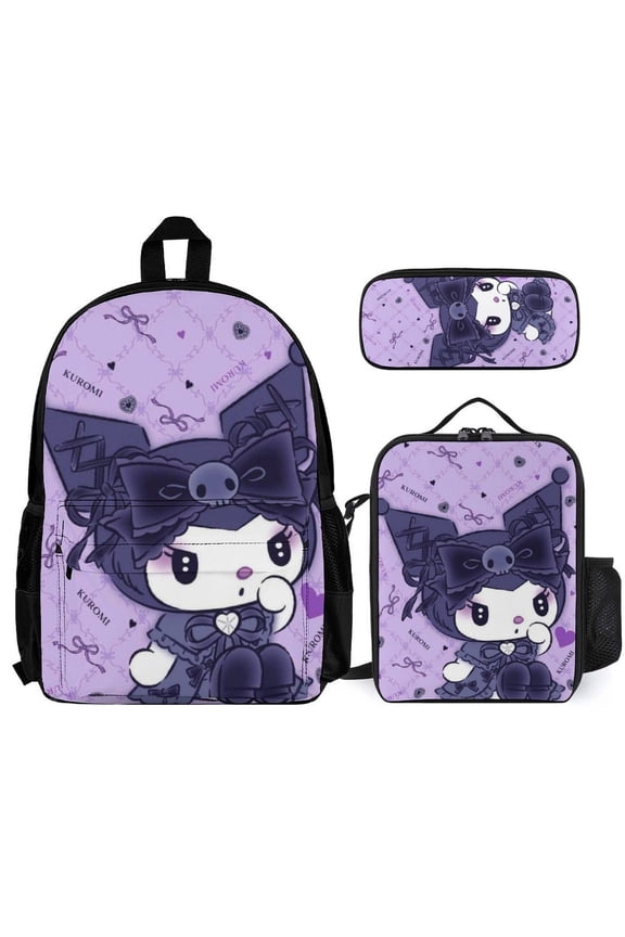 Kuromi Fun cartoon three-piece backpack set: includes backpack lunch box and pencil case One size