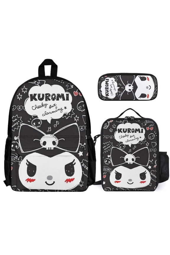 Kuromi Fun cartoon three-piece backpack set: includes backpack lunch box and pencil case One size