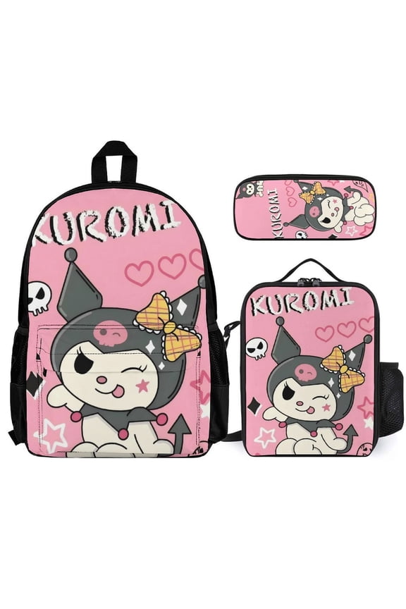 Kuromi Fun cartoon three-piece backpack set: includes backpack lunch box and pencil case One size