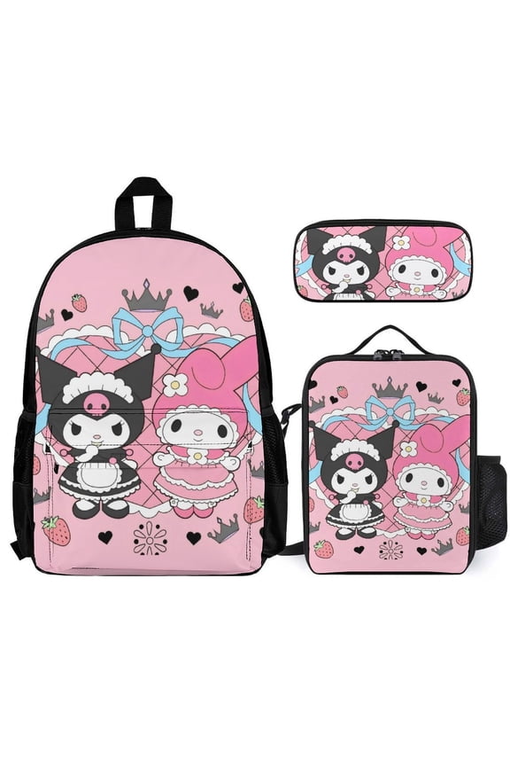 Kuromi Fun cartoon three-piece backpack set: includes backpack lunch box and pencil case One size