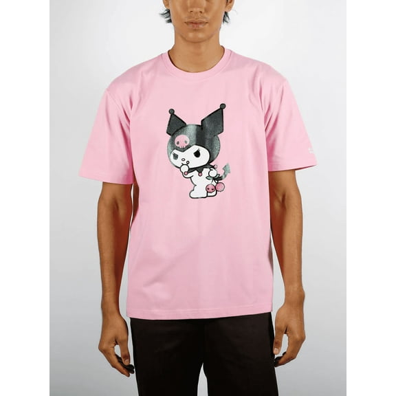 Kuromi Glitter Print Crew Neck Short Sleeve Pink Unisex Adult T-shirt-Medium